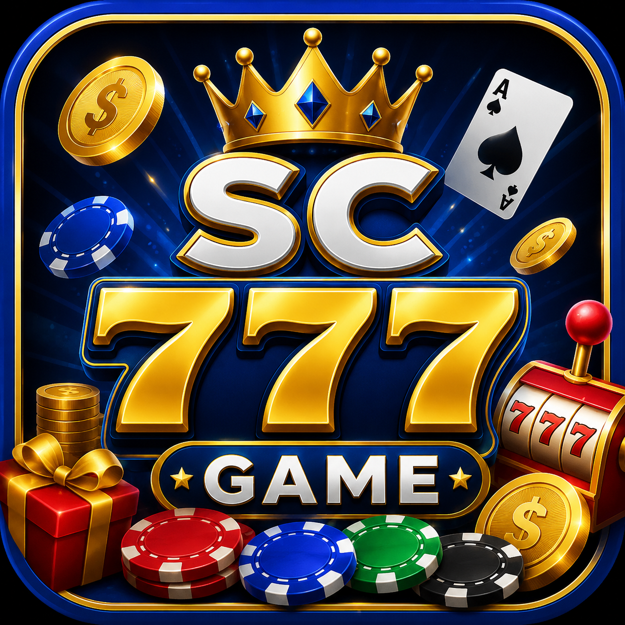 A vibrant casino-themed graphic featuring a gold crown, the text SC 777 GAME, playing cards, poker chips, gold coins, a slot machine, and a gift box.
